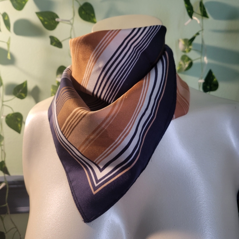 Vintage Navy Tan Multi Border Square Bandana Striped Retro Scarf Classic Chic